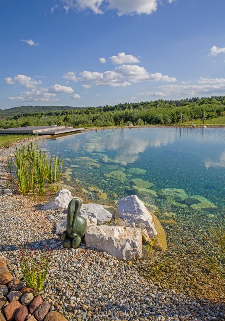 Eco swimming pool with crystal clear water without algae, achieved by BioKalonit filter beds